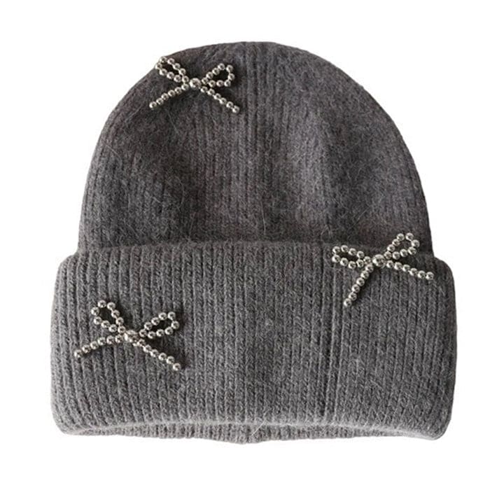 Bow Pearl Beanie Hat - Standart / Grey - Hats