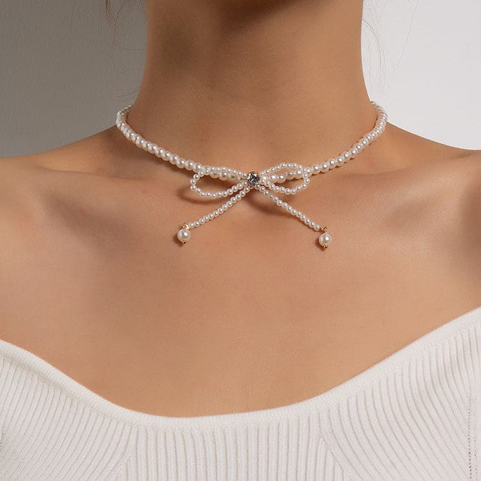 Bow Pearl Choker - Standart / White - Necklace