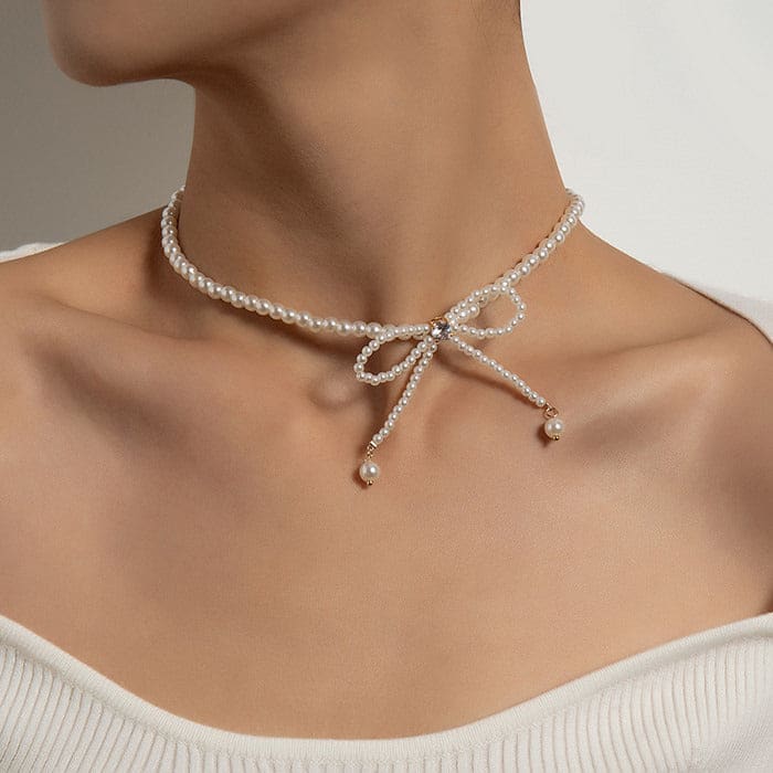 Bow Pearl Choker - Standart / White - Necklace