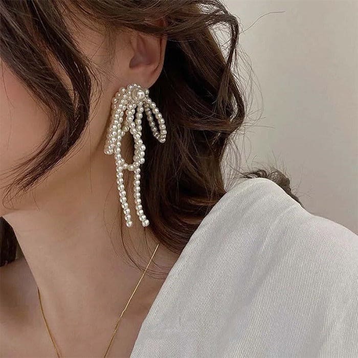 Bow Pearl Tassel Earrings - Standart / White - earrings