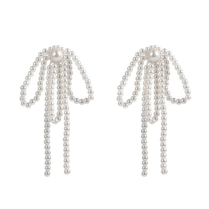 Bow Pearl Tassel Earrings - Standart / White - earrings