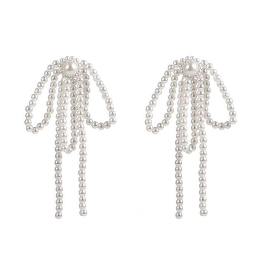 Bow Pearl Tassel Earrings - Standart / White - earrings