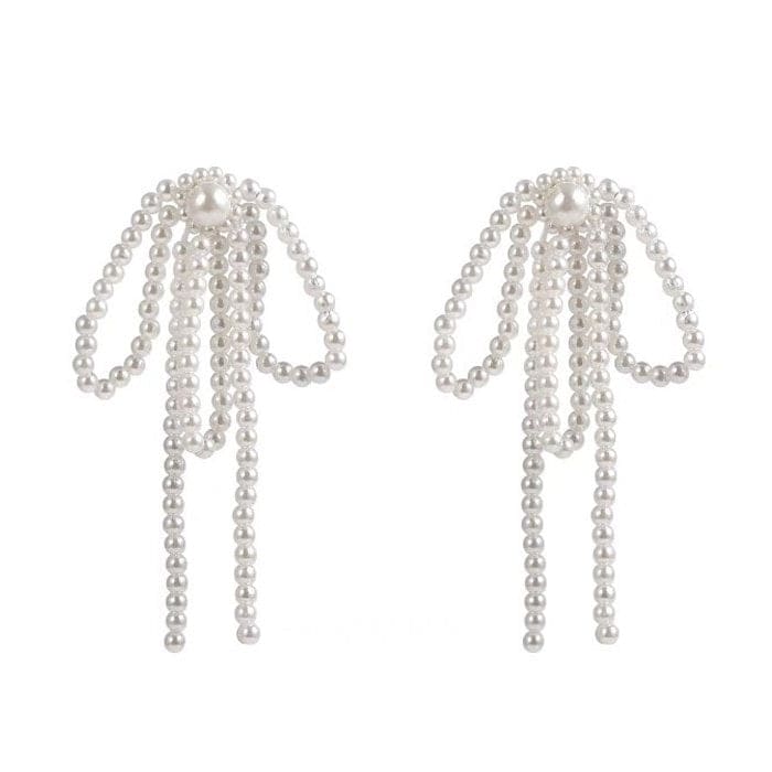 Bow Pearl Tassel Earrings - Standart / White - earrings