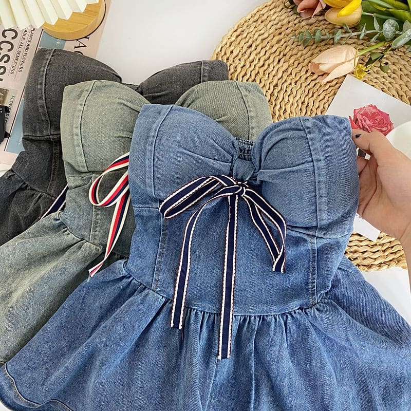 Bow Peplum Washed Denim Tube Top