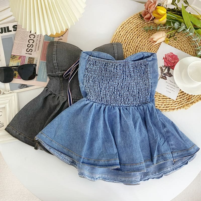 Bow Peplum Washed Denim Tube Top