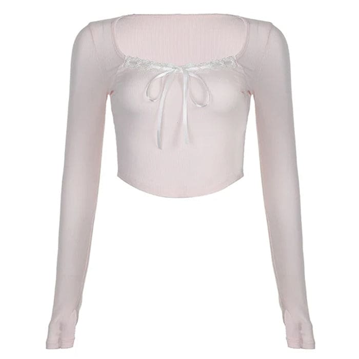 Bow Pink Long Sleeves Top - S / Pink - Tops