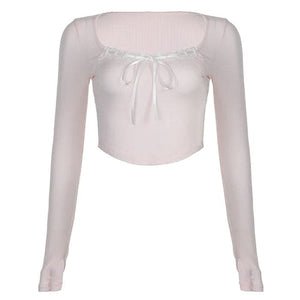 Bow Pink Long Sleeves Top - S / Pink - Tops