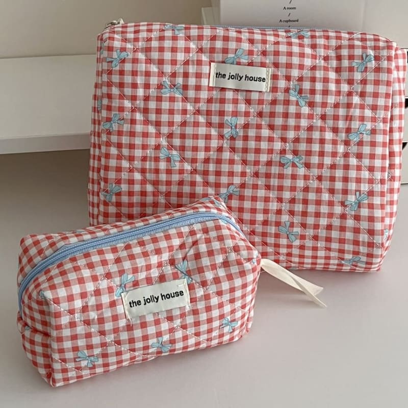 Bow Plaid Fabric Makeup Bag / Clutch / Pencil Case