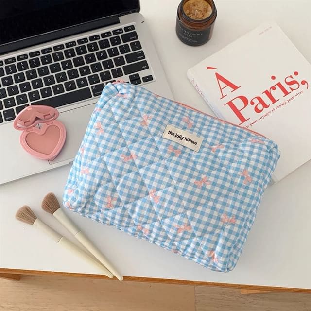 Bow Plaid Fabric Makeup Bag / Clutch / Pencil Case - Clutch