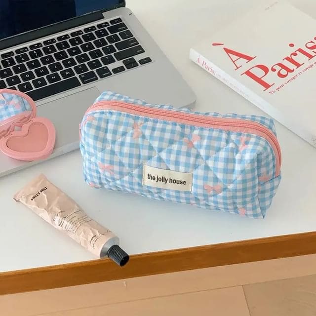 Bow Plaid Fabric Makeup Bag / Clutch / Pencil Case - Pencil