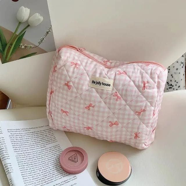 Bow Plaid Fabric Makeup Bag / Clutch / Pencil Case - Clutch