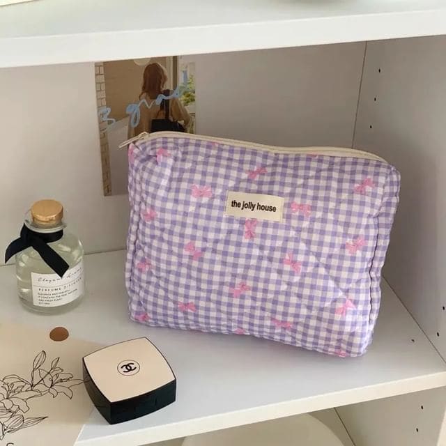 Bow Plaid Fabric Makeup Bag / Clutch / Pencil Case - Clutch