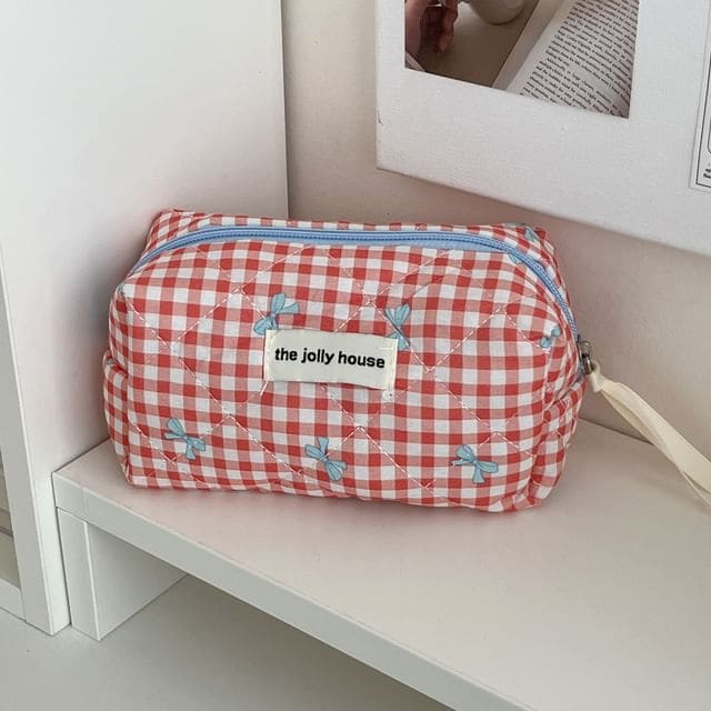 Bow Plaid Fabric Makeup Bag / Clutch / Pencil Case - Pencil