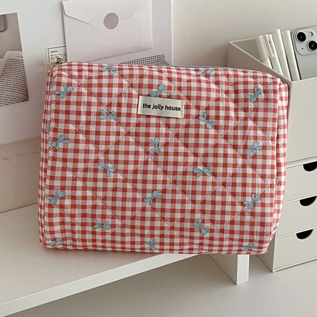 Bow Plaid Fabric Makeup Bag / Clutch / Pencil Case - Clutch