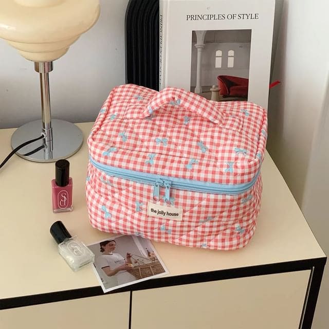 Bow Plaid Fabric Makeup Bag / Clutch / Pencil Case - Makeup