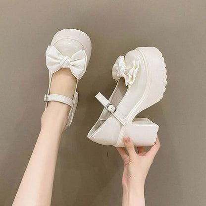 Bow Platform Block Heel Mary Jane Pumps - Off-White / 35