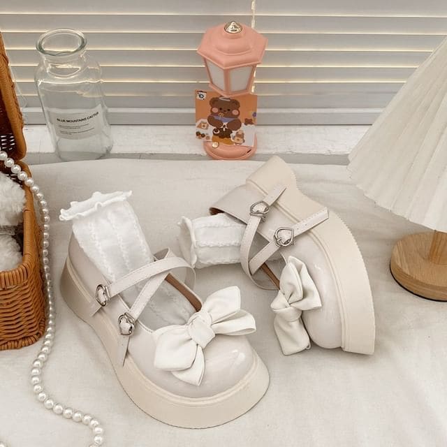 Bow Platform Mary Jane Shoes - Off-White Bow - Off-White