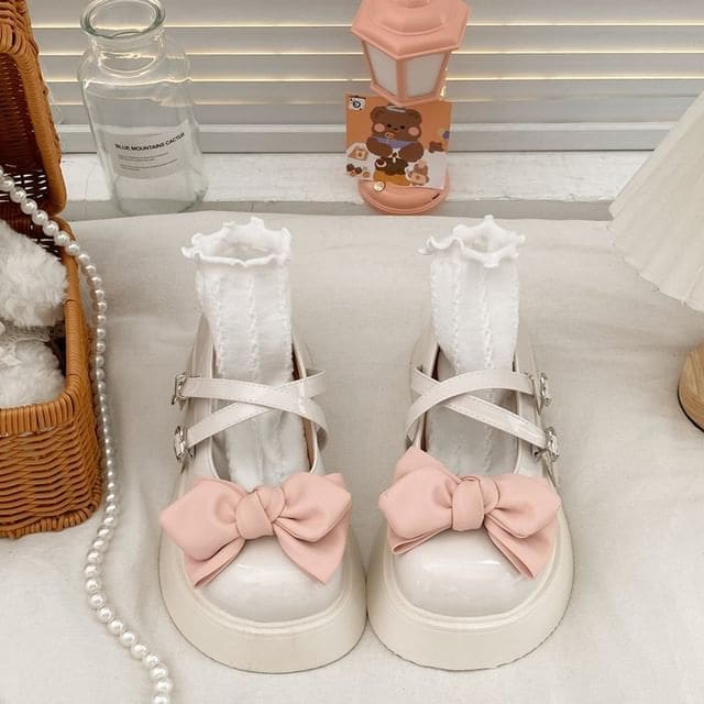 Bow Platform Mary Jane Shoes - Pink Bow - Off-White / 35