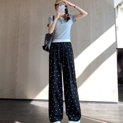 Bow Print High Rise Wide Leg Drape Sweatpants