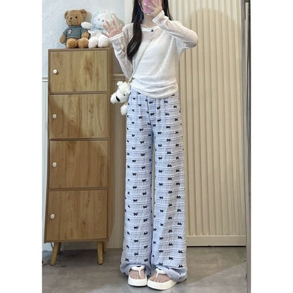 Bow Print Lace High Waist Wide Leg Sweatpants