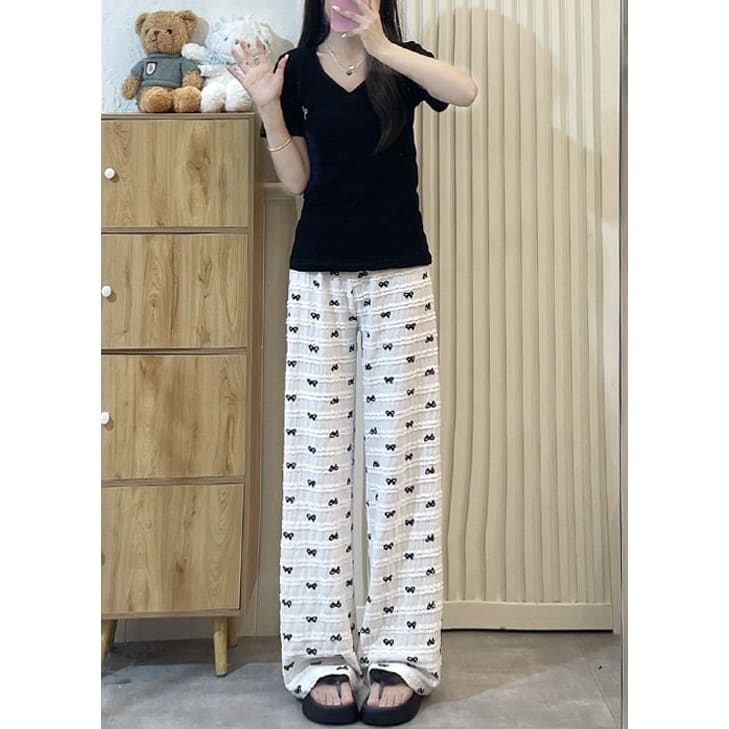 Bow Print Lace High Waist Wide Leg Sweatpants