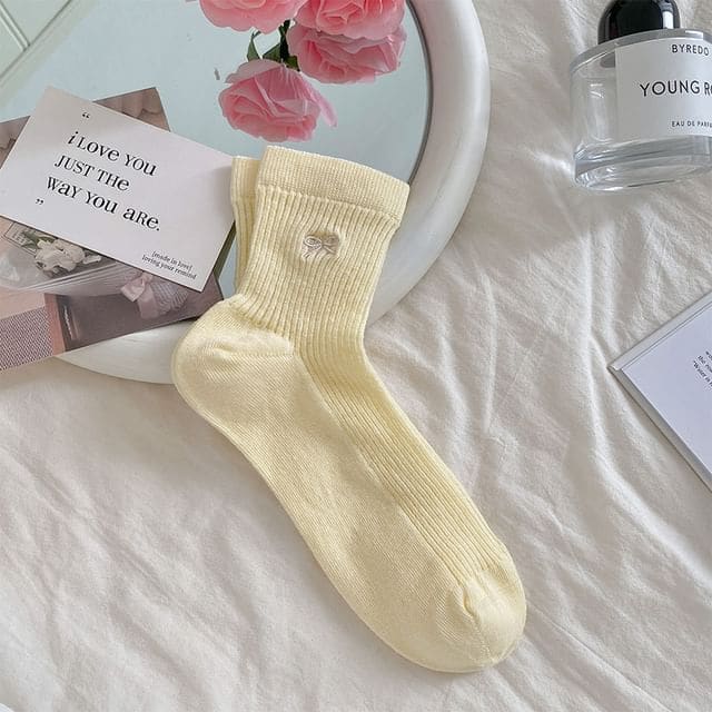 Bow Print Ribbed Socks - Yellow / One Size