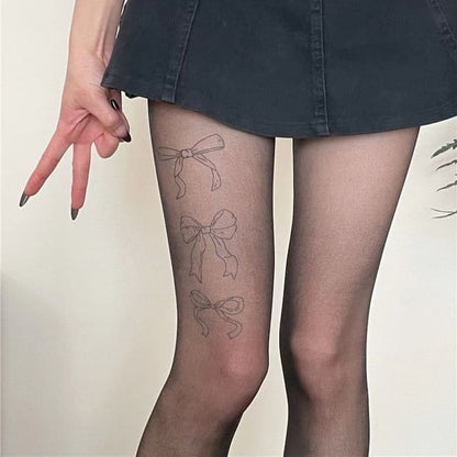 Bow Print Tights - Black / One Size