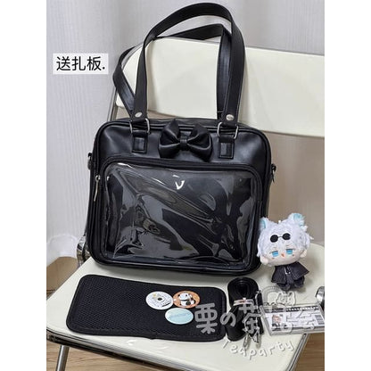 Bow PVC Panel Tote Bag / Bag Charm / Set - Black Shoulder