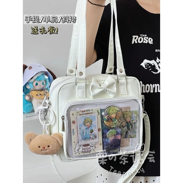 Bow PVC Panel Tote Bag / Bag Charm / Set - White Shoulder