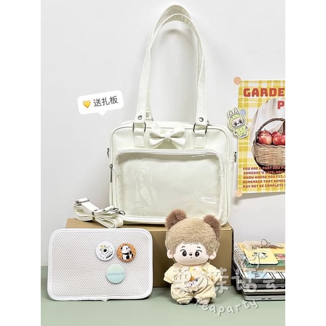 Bow PVC Panel Tote Bag / Bag Charm / Set - White Shoulder