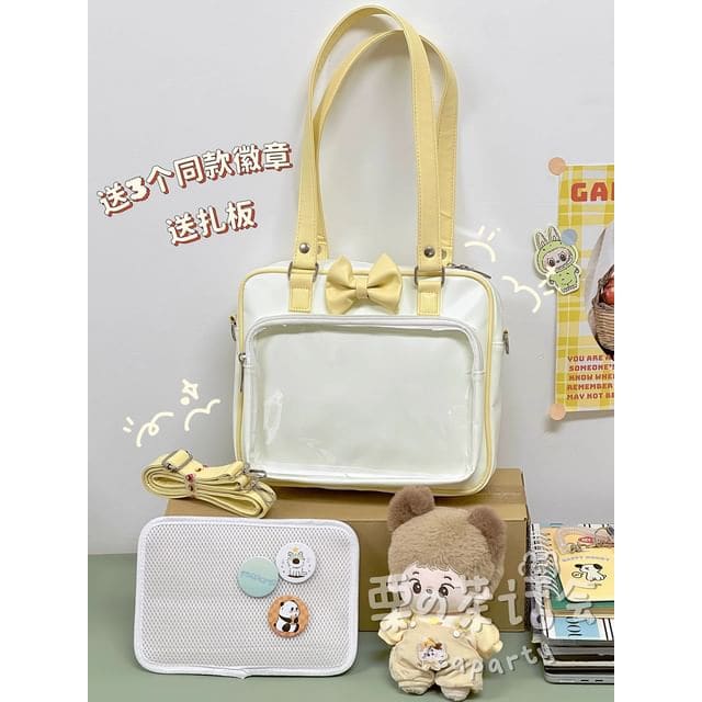 Bow PVC Panel Tote Bag / Bag Charm / Set - Yellow Shoulder