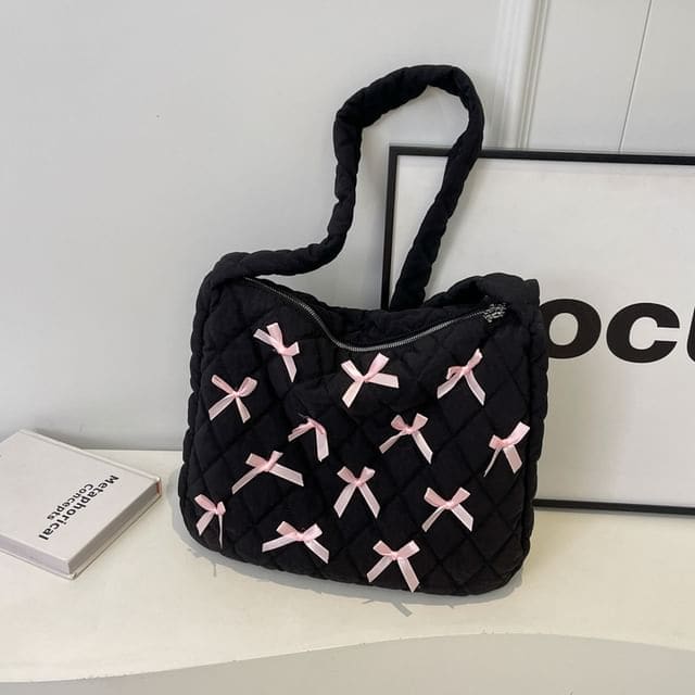 Bow Quilted Tote Bag - Black / One Size