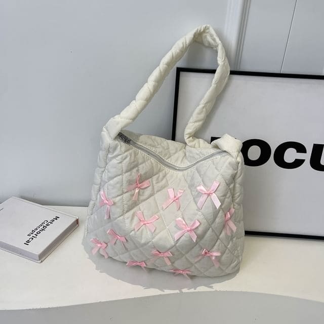 Bow Quilted Tote Bag - Off-White / One Size