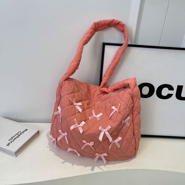 Bow Quilted Tote Bag - Rose Pink / One Size