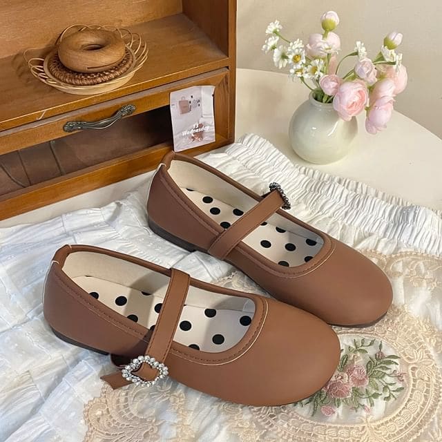 Bow Rhinestone Buckle Mary Jane Flats - Brown / 35