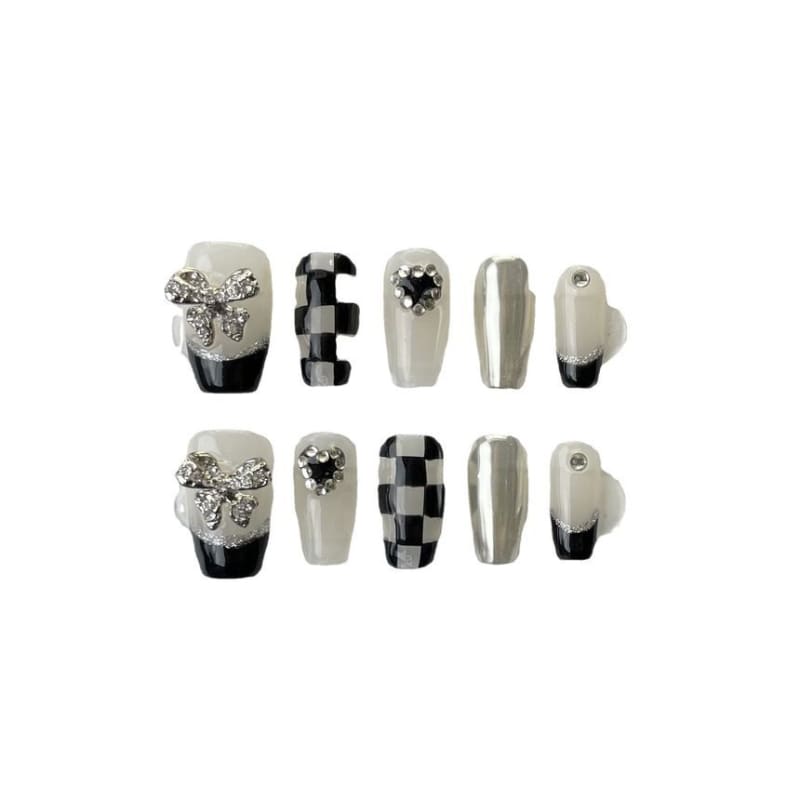 Bow Rhinestone Checker Faux Nail Tips