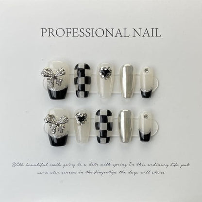 Bow Rhinestone Checker Faux Nail Tips - Black & White / XS