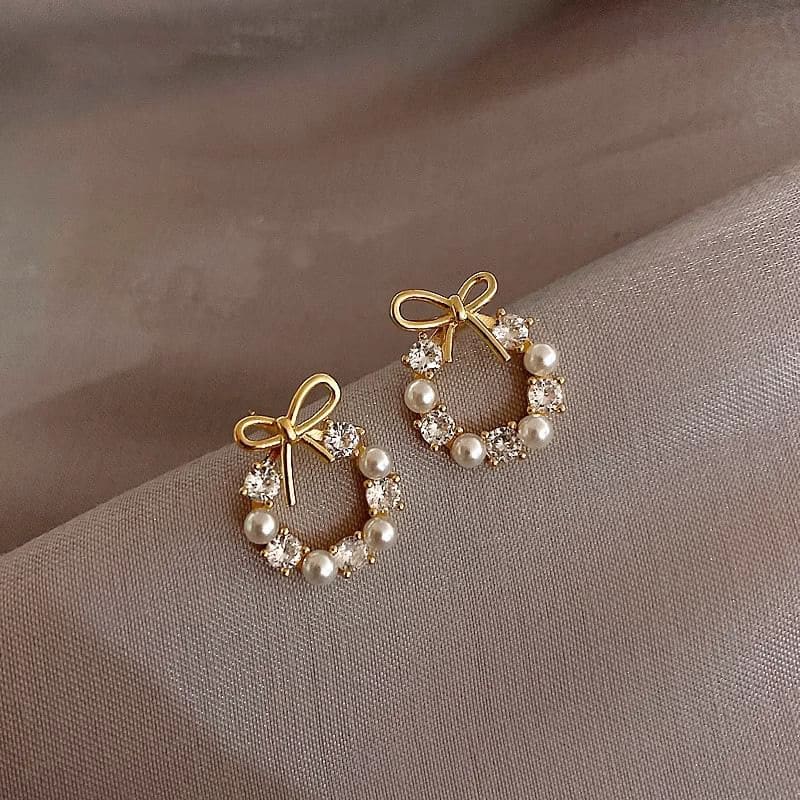 Bow Rhinestone Faux Pearl Stud Earring