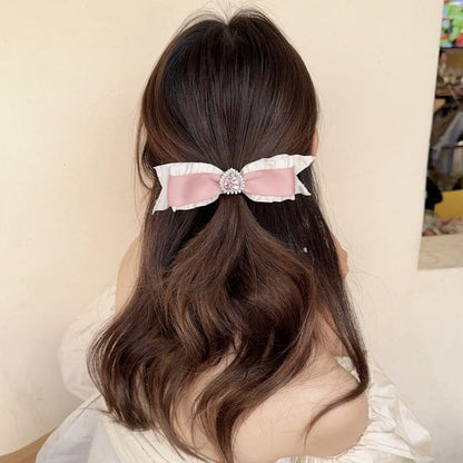 Bow Rhinestone Hair Clip - Pink / One Size