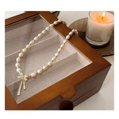 Bow Rhinestone Pendant Faux Pearl Alloy Choker