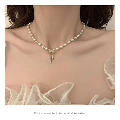 Bow Rhinestone Pendant Faux Pearl Alloy Choker