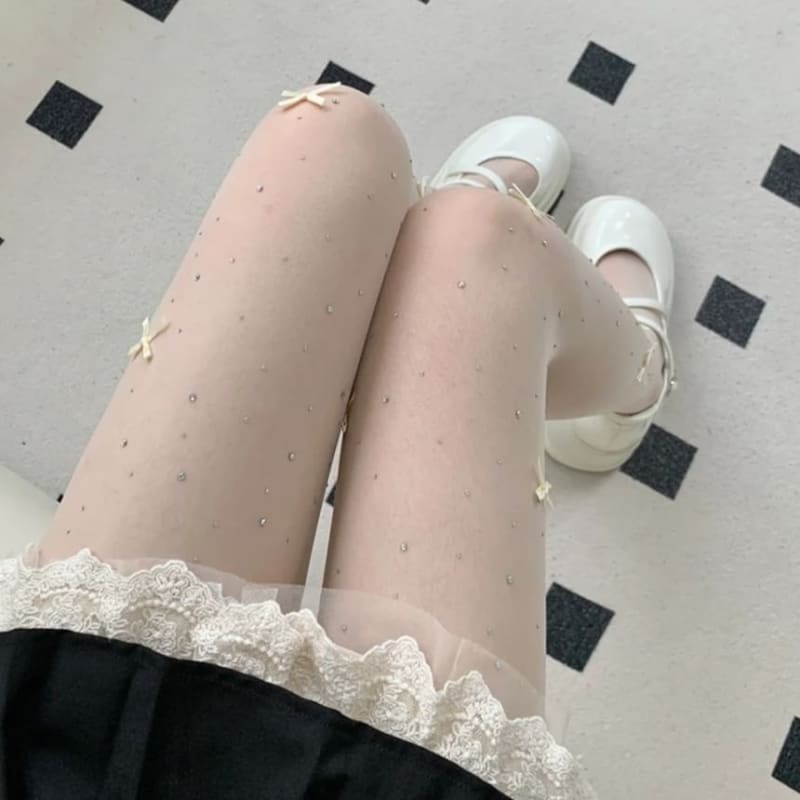 Bow Rhinestone Sheer Tights