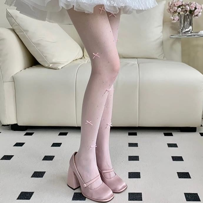 Bow Rhinestone Sheer Tights