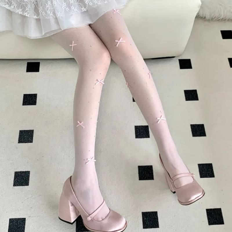 Bow Rhinestone Sheer Tights