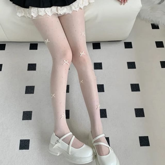 Bow Rhinestone Sheer Tights - Milky White / One Size