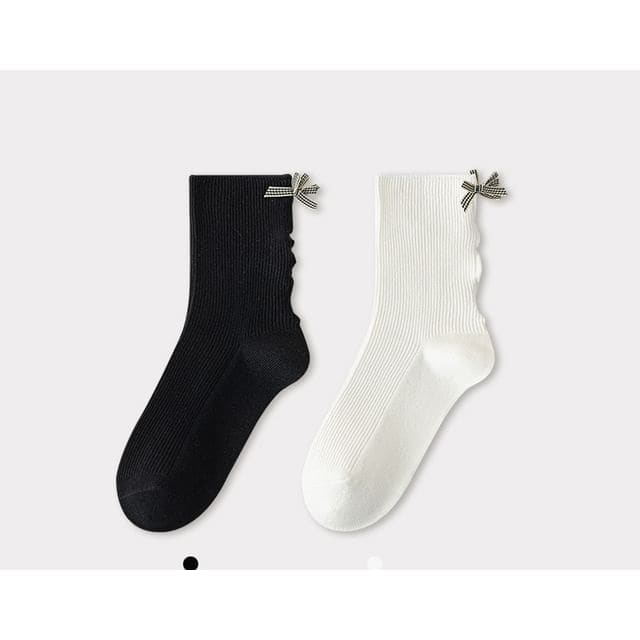 Bow Ribbed Short Socks Set - Set of 2 Pairs - Black & White