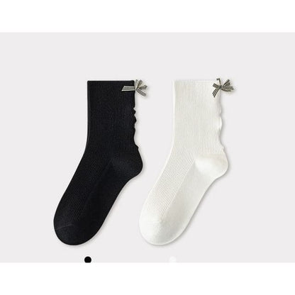 Bow Ribbed Short Socks Set - Set of 2 Pairs - Black & White