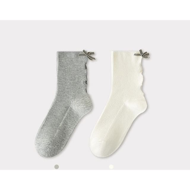 Bow Ribbed Short Socks Set - Set of 2 Pairs - Gray &