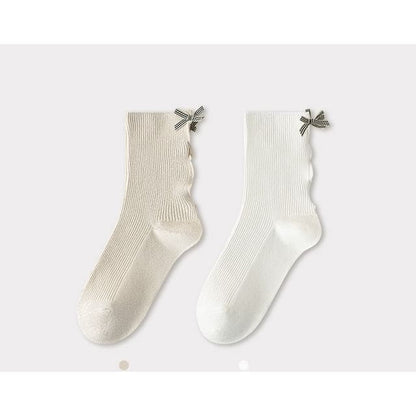 Bow Ribbed Short Socks Set - Set of 2 Pairs - Khaki & White