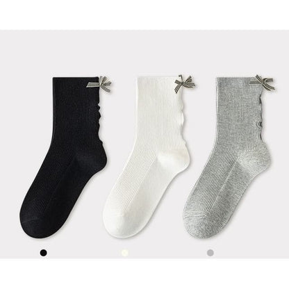 Bow Ribbed Short Socks Set - Set of 3 Pairs - Black & White